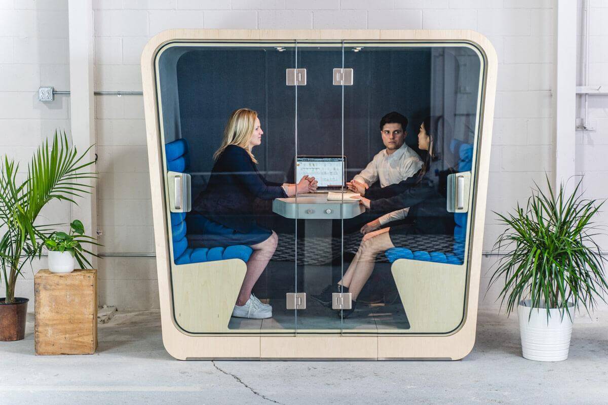 Privacy cubes such as these from Loop are a step towards creating a collaborative work environment.