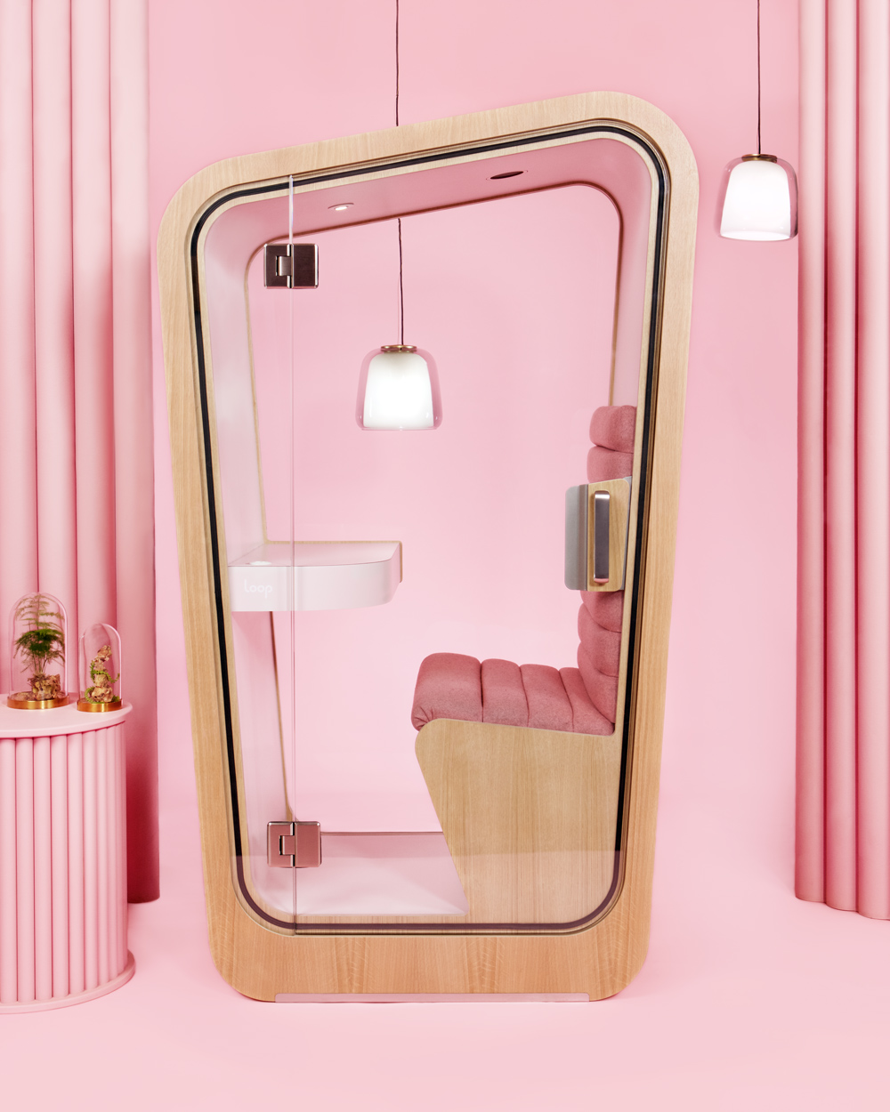 Loop Solo - phone booth work pod in modern and stylish exterior and interior design with comfortable and luxurious light pink furniture