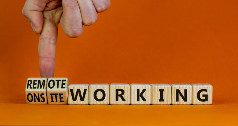 blocks read “remote working” and “on-site working” against a solid orange background