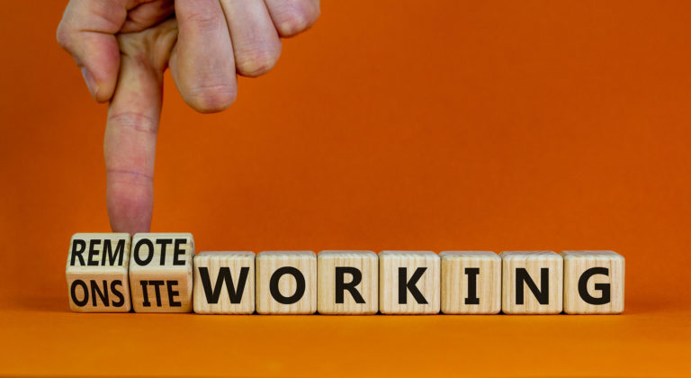 blocks read “remote working” and “on-site working” against a solid orange background