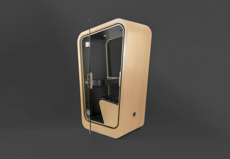 A Loop Solo phone booth with a black interior and white oak exterior sits in front of a black background