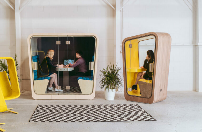 Loop Solo and loop cube phone booth with people meeting inside in a open office space