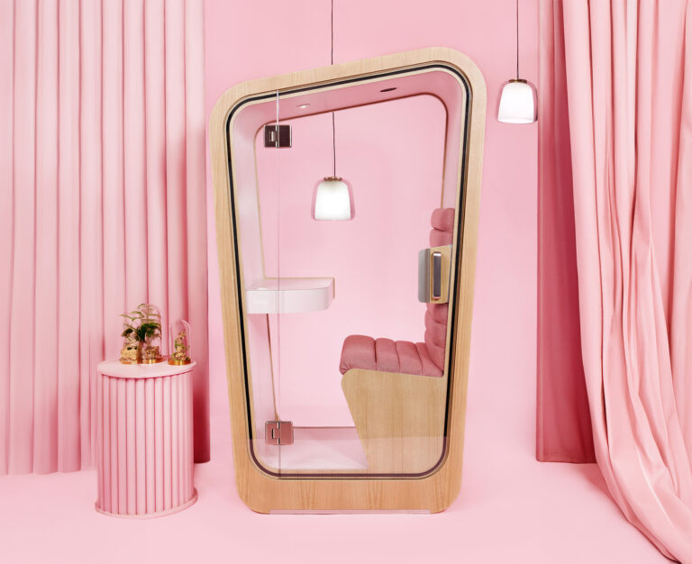 Pink Loop solo office pod with pink background elements